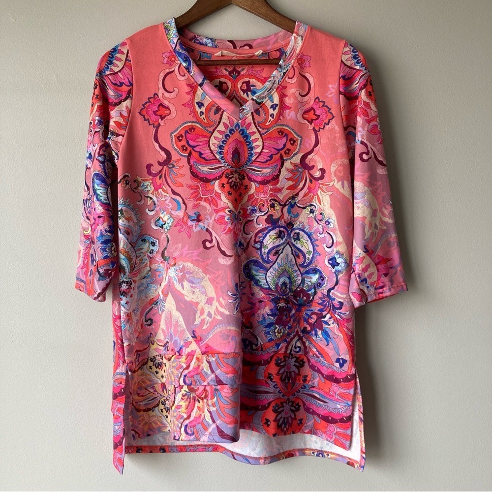 Soft Surroundings Coral Pink Paisley V-Neck 3/4 Sleeve Tunic Top 2FD12 XS